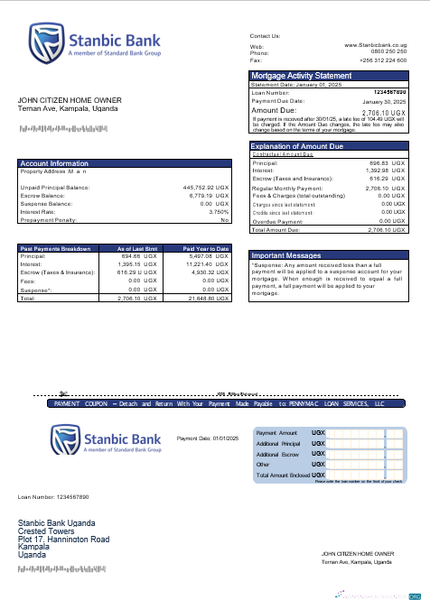 Download Uganda Stanbic bank mortgage statement in Word and PDF formats Photoshop template